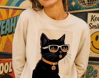 Cat Sonnenbrillen Sweatshirt: Lustiges Geschenk für Katzenliebhaber, Bio Baumwolle 90s Style