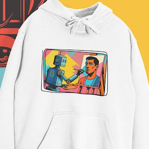 Pop Art Hoodie | Robot Painting Human Design | Unisex Organic Cotton Art Sweatshirt