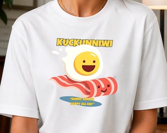 Maglietta con grafica a cartoni animati di uova e pancetta: regalo per gli amanti della colazione, t-shirt in cotone biologico