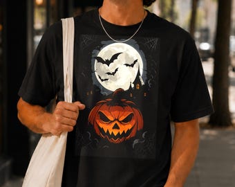 Halloween Pumpkin T-Shirt, Spooky Jack O Lantern Tee, Unisex Organic Cotton Graphic Shirt, Gothic Fall Halloween Party Gift
