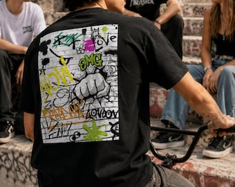 Unisex Organic Cotton T Shirt | Graffiti Back Print Sustainable Streetwear Eco Friendly Urban Fashion
