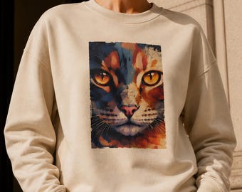 May include: Beige sweatshirt featuring a rectangular graphic of a cat's face. The cat's eyes are a bright yellow-orange, with a pink nose and a mix of blue, orange, and brown colors in the fur. The sweatshirt has long sleeves and a crew neck.
