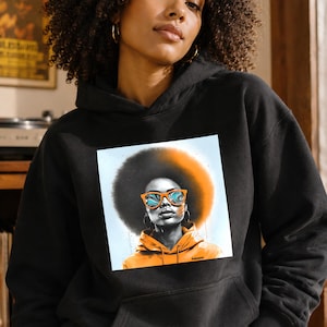 Retro 70er Jahre Afro Hoodie aus Bio-Baumwolle: Unisex Streetwear Schwarze Frau Illustration Hoodie