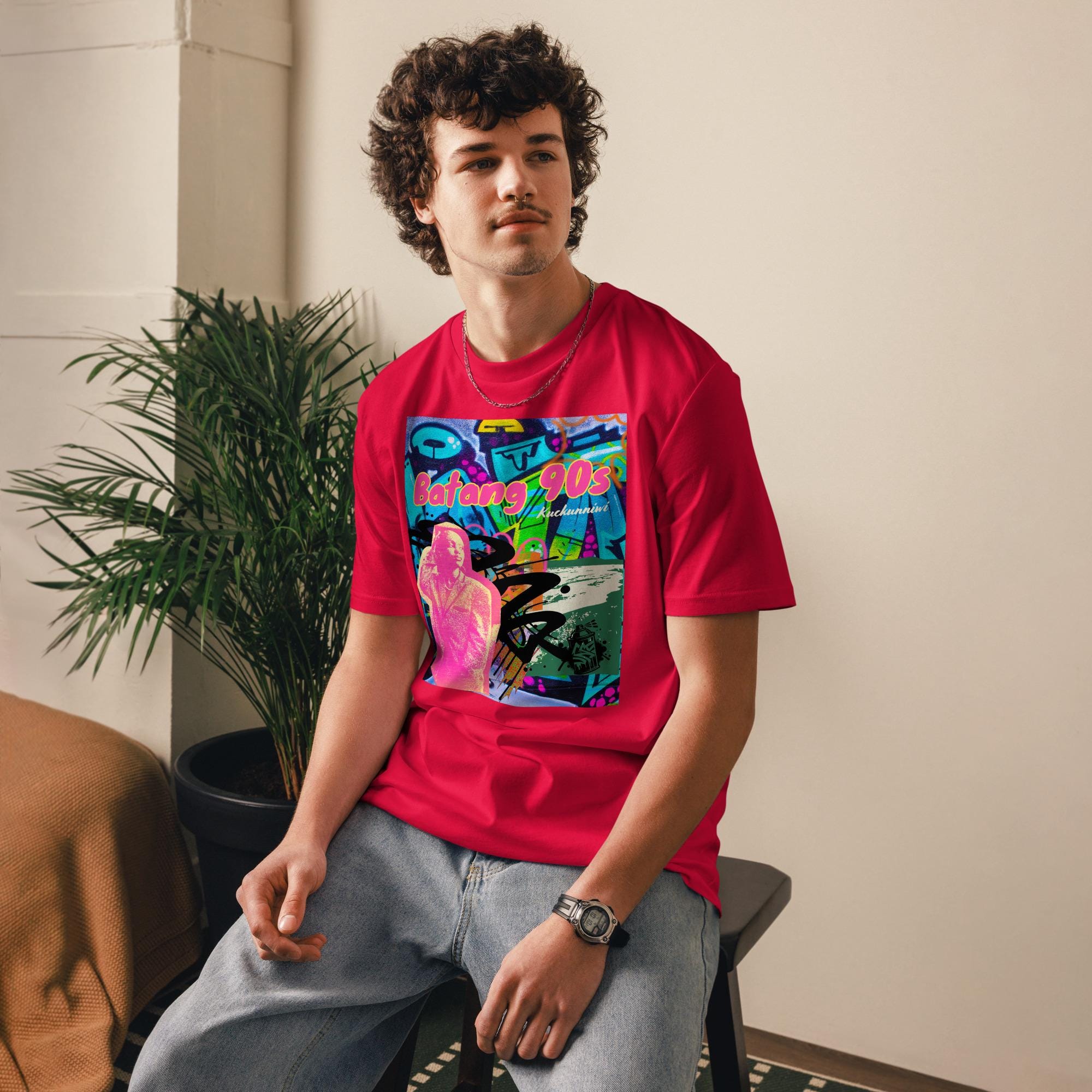 90年代グラフィティポップアートTシャツ：オーガニックコットンレトロ 