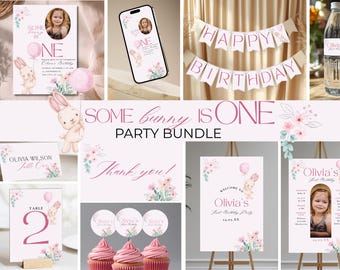 Some Bunny Is One Birthday Bundle Girl | Bunny First Birthday Decorations | Editable Canva Template | 1st Birthday Girl