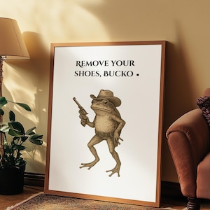 Rolig groda "Ta av dig skorna"-cowboyskylt | Udda entrédekor | (Digital nedladdning)