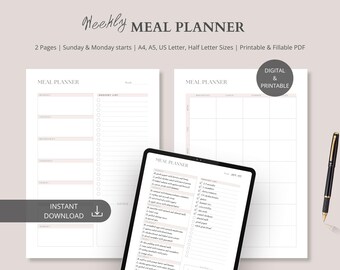 Weekly Meal Planner Printable: Grocery List, Food Tracker (Digital Download)