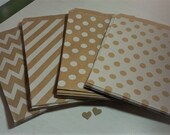 25 Flat Paper Bags Kraft with White design Polka Dot Chevron Stripes All Occasions Junk Journals
