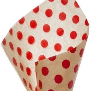 May include: Brown paper with red polka dots. The paper is folded into a cone shape.