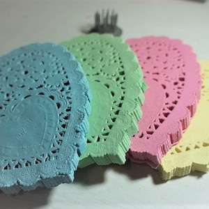 10 Embossed Paper Lace Doilies | Heart |Pastel |140mm (5.5") | Baby Shower | Wedding | Cards | Junk Journals | Scrapbooking | Card Making