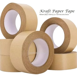 May include: A close-up of several rolls of brown kraft paper tape. The tape is 48mm wide, 50 metres long, and 130 microns thick.