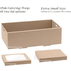 May include: Two brown cardboard catering trays with lids. The tray is 258mm long, 150mm wide, and 80mm deep. One lid is solid and the other has a clear window.