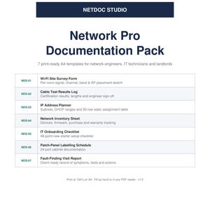 Puede incluir: Un documento blanco titulado Netdoc Studio Network Pro Documentation Pack que presenta una tabla con siete plantillas A4, incluyendo Wi-Fi Site Survey Form, Cable Test Results Log, IP Address Planner, Network Inventory Sheet, IT Onboarding Checklist, Patch-Panel Labelling Schedule y Fault-Finding Visit Report.