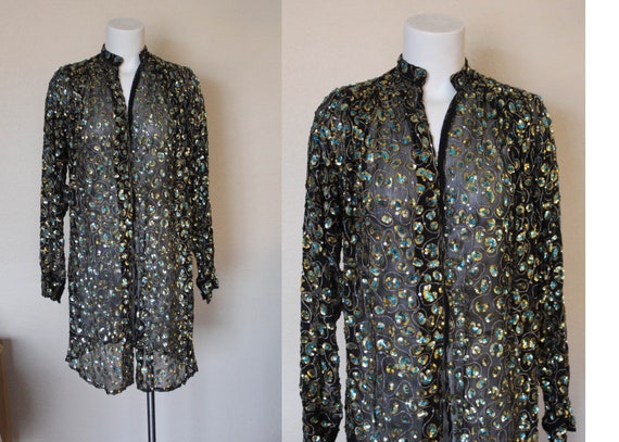 Vintage Sheer Sequins Duster / Black Silk and Sequ