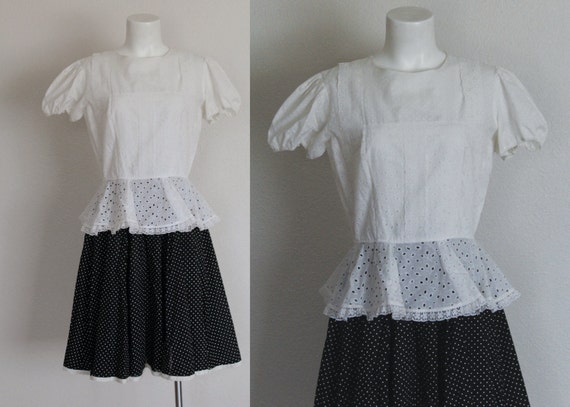 Vintage 1950s Peplum Polka Dog Dress / Eyelet Lace