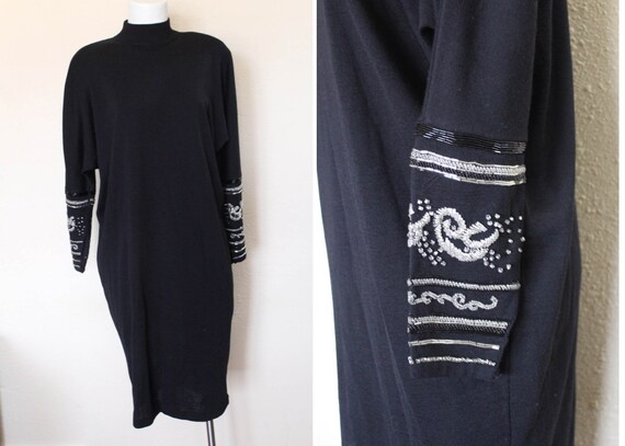 Liz Claiborne Vintage Knit and Beaded 1980s Dress… - image 1