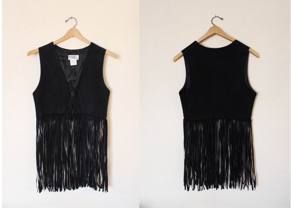 Vintage Black Suede Vest with Fringe / 1970s Black