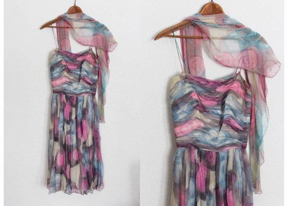 Vintage 1950s Floral Silk Chiffon Dress / 1950s Si