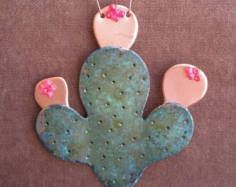 PRICKLY PEAR Cactus Copper Verdigris Ornament - Fabriqué à la main dans l’État du cuivre (Arizona USA)