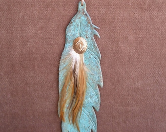 FEATHER Copper Verdigris Ornament - Fabriqué à la main dans l’État du cuivre (Arizona USA)