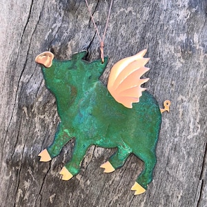 FLYING PIG When Pigs Fly Copper Verdigris Christmas Ornament - Handcrafted in The Copper State (Arizona USA) Dos Damas Designs