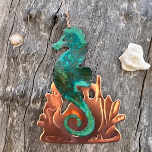 SEAHORSE Sea Horse Coral Reef Copper Verdigris Christmas Ornament - Handcrafted in The Copper State (Arizona USA) Dos Damas Designs