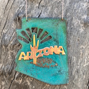 ARIZONA STATE Copper Verdigris Christmas Ornament - Handcrafted in The Copper State (Arizona USA) Dos Damas Designs