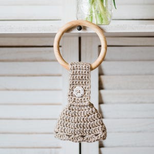Handmade Crochet Towel Topper – Neutral Tan, Removable Button Loop