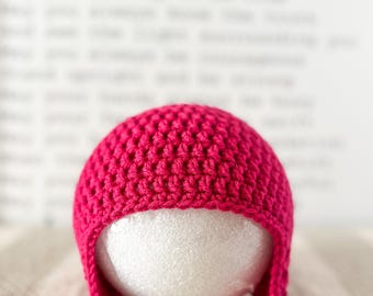 Crochet Baby Earflap Hat - Handcrafted Berry Pink Acrylic, 3-6 Months