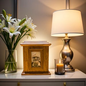 Może przedstawiać: Drewniana urna z oprawionym zdjęciem, umieszczona na białej powierzchni. Bukiet białych lilii w wazonie i zapalona świeca w szklanym świeczniku znajdują się w pobliżu. Srebrna lampa z białym abażurem jest również obecna.