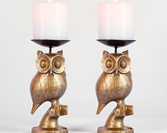 Gold Owl Candle Holders Set: Handcrafted 5-Inch Taper and Small Pillar Candlestick Holders