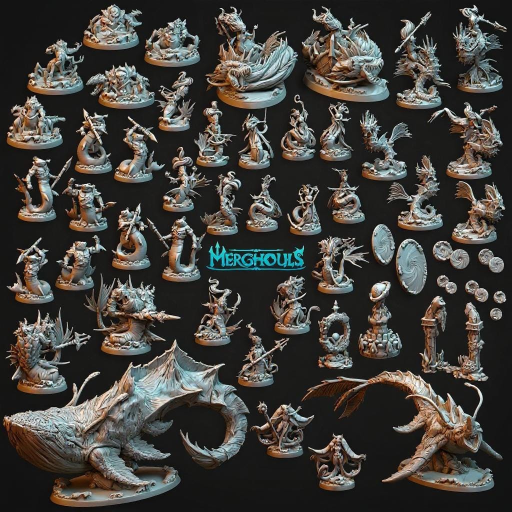 STL 3D Pack Merghouls Collection, Aquatic Creatures, Ocean | Dnd, Tabletop, RPG, Path Finder, Miniature