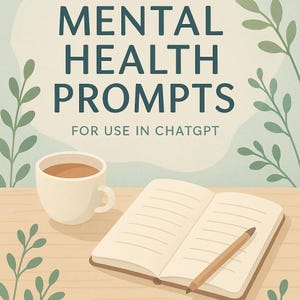 Könnte beinhalten: Illustration mit dem Text "MENTAL HEALTH PROMPTS FOR USE IN CHATGPT". Eine weiße Tasse mit brauner Flüssigkeit steht neben einem offenen Notizbuch und einem Bleistift auf einer Holzoberfläche. Grüne Zweige sind im Hintergrund.