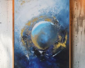 Blue and Gold Abstract Painting: Large Modern Textured Wall Art