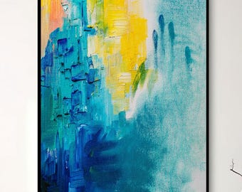 Abstract Impasto Painting: Blue & Yellow Coastal Canvas Art