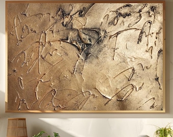 Gran pintura abstracta con textura dorada: arte mural en pan de oro 3D