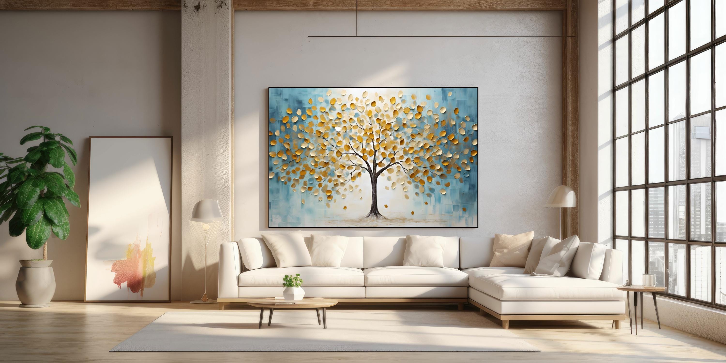 Golden Prosperity Tree Oil Painting on Canvas: Abstract Living Room Wall Art