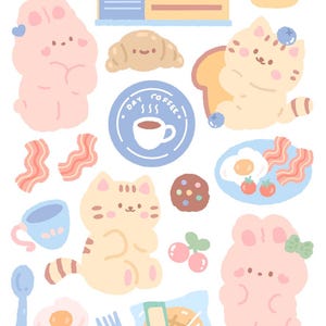 Pastel Cafe Clipart – Kawaii Bunny and Cat Breakfast Stickers | Cute Food & Coffee