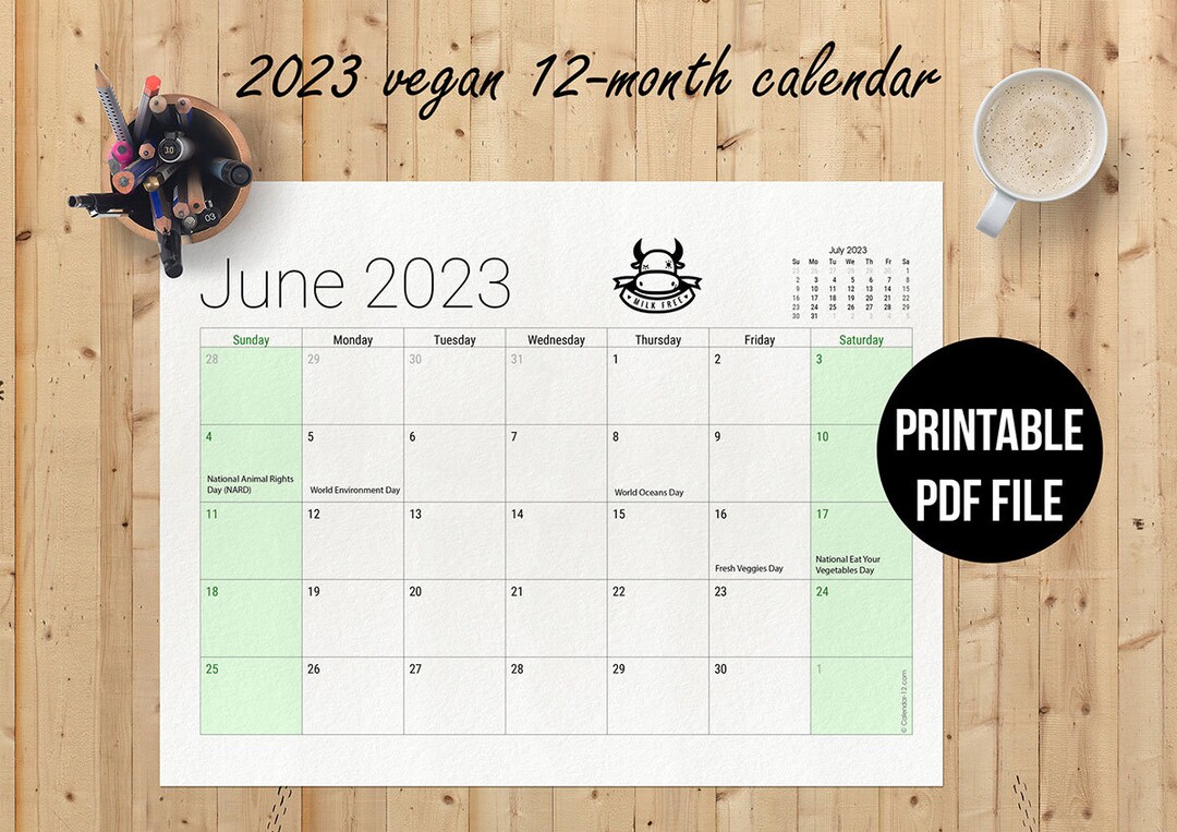 Printable Vegan 2023 Calendar 12month Digital Calendar Etsy
