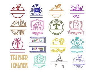 Diseño de bordado a máquina con monograma dividido para profesor, bordado de regreso a clases, aplique para educador, descarga digital instantánea.