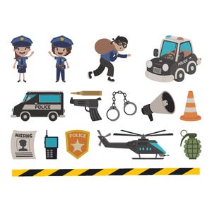 Könnte beinhalten: Eine Sammlung von Cartoon-Illustrationen mit Polizisten, einem Dieb, Polizeifahrzeugen, Waffen und anderen Gegenständen im Zusammenhang mit der Strafverfolgung. Enthält ein Polizeiauto, einen Polizeiwagen, einen Hubschrauber, ein Megaphon, Handschellen und ein Fahndungsplakat.