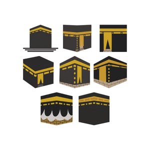 May include: A collection of stylized illustrations of the Kaaba, a cube-shaped building in Mecca. Each illustration features a black structure with gold accents and varying perspectives, set against a white background.