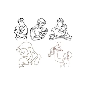 Pode incluir: Uma coleção de ilustrações de arte linear que retratam pais com seus bebês. As imagens são em tons de preto e marrom, mostrando várias poses de pais segurando, beijando e brincando com seus filhos. O estilo artístico é minimalista.