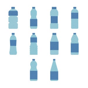 May include: A collection of ten light blue water bottles with dark blue labels and caps. The bottles vary in shape and size, with some having a textured appearance.
