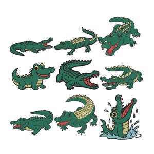 May include: A collection of nine cartoon alligators in various poses. The alligators are primarily green with tan bellies and open mouths, some with teeth visible. The illustrations are in a playful, cartoon style.