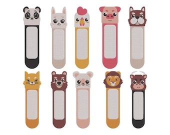 Diseño de bordado de marcapáginas de animales, archivo de bordado a máquina con puntada de lectura para niños, 10 diseños, 9 tamaños, descarga instantánea