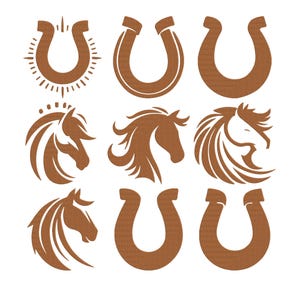 May include: A collection of nine brown graphic icons arranged in a grid, featuring stylized illustrations of horseshoes and horse heads with flowing manes, all rendered in a solid, flat brown color against a plain white background.