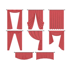 Puede incluir: Una colección de cortinas rojas en varios estilos, incluyendo cortinas completas, visillos y cenefas. Cada cortina se muestra con una barra, mostrando diferentes opciones de diseño para la decoración del hogar.