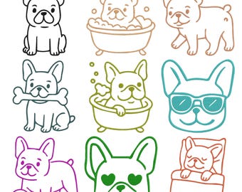 Diseño de bordado de bulldog francés, archivo de bordado a máquina con arte lineal de perro, descarga instantánea