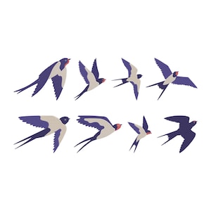 May include: A collection of eight stylized swallow illustrations in various stages of flight. Each bird features a dark blue body, white underbelly, and red accents on the head. The swallows are set against a clean white background.